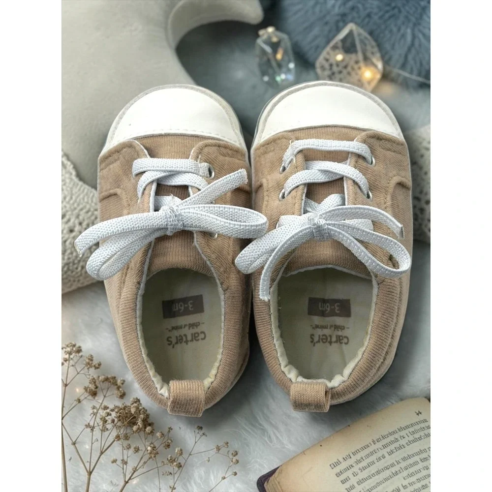 Carters Child of Mine Tan Jersey Knit Crib Shoes Sneakers 3-6M Baby Boys Girls